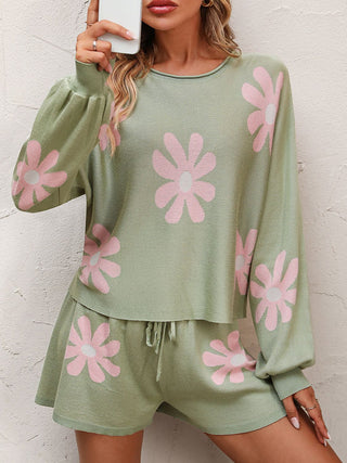 Shop Floral Print Raglan Sleeve Knit Top and Tie Front Sweater Shorts Set - High-Quality U.S. Made Women’s Fashion with Free & Fast Shipping