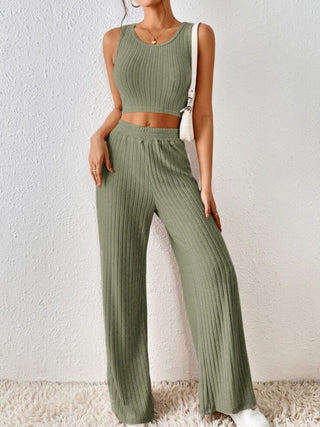 Shop Sage Ribbed Round Neck Tank and Pants Sweater Set - High-Quality U.S. Made Women’s Fashion with Free & Fast Shipping