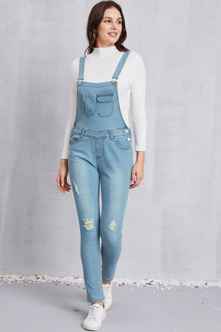 Shop Distressed Washed Denim Overalls with Pockets - High-Quality U.S. Made Women’s Fashion with Free Fast Shipping