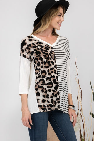 Shop Celeste Full Size Front Leopard and Striped Print V-Neck T-Shirt - High-Quality U.S. Made Women’s Fashion with Free & Fast Shipping