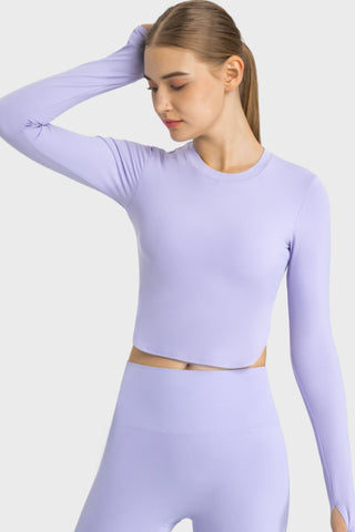 Shop Purple Millennia Side Slit Long Sleeve Round Neck Crop Top - High-Quality U.S. Made Women’s Fashion with Free & Fast Shipping