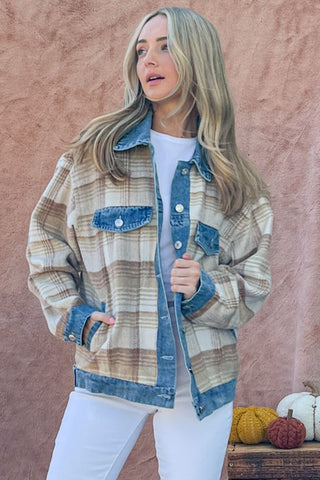 Shop Multi And The Why Full Size Washed Denim Detail Brushed Plaid Jacket - High-Quality U.S. Made Women’s Fashion with Free & Fast Shipping