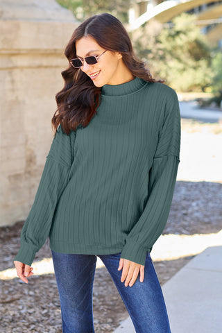 Shop Turquoise Basic Bae Full Size Ribbed Exposed Seam Mock Neck Knit Top - High-Quality U.S. Made Women’s Fashion with Free & Fast Shipping