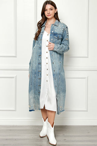 Shop Veveret Full Size Distressed Raw Hem Pearl Detail Button Up Jacket - High-Quality U.S. Made Women’s Fashion with Free & Fast Shipping