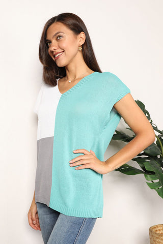 Shop Color Block V-Neck Knit Top - High-Quality U.S. Made Women’s Fashion with Free & Fast Shipping