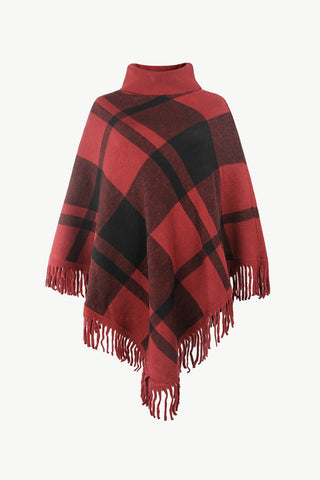 Shop Wine One Size Plaid Turtleneck Fringe Hem Poncho - High-Quality U.S. Made Women’s Fashion with Free & Fast Shipping