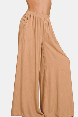 Shop Zenana Pleated Linen Blend Wide Leg Pants - High-Quality U.S. Made Women’s Fashion with Free & Fast Shipping