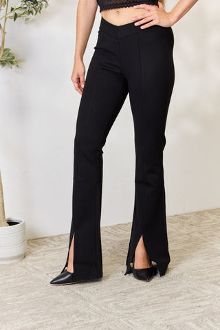 Shop Kancan V-Waistband Slit Flare Pants - High-Quality U.S. Made Women’s Fashion with Free & Fast Shipping