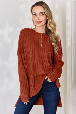 Shop Rust Basic Bae Full Size Ribbed Half Button Long Sleeve High-Low T-Shirt - High-Quality U.S. Made Women’s Fashion with Free & Fast Shipping