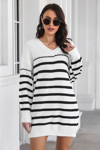 Shop White Striped V-Neck Drop Shulder Sweater Dress - High-Quality U.S. Made Women’s Fashion with Free & Fast Shipping