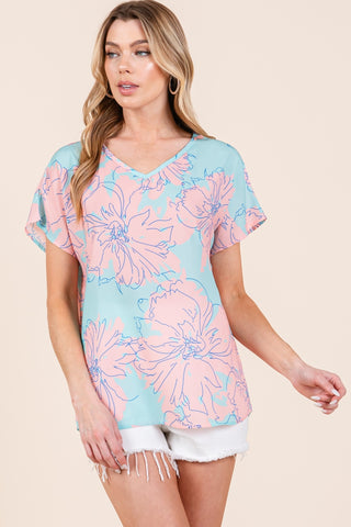 Shop Aqua-Pink BOMBOM Floral Short Sleeve T-Shirt - High-Quality U.S. Made Women’s Fashion with Free & Fast Shipping