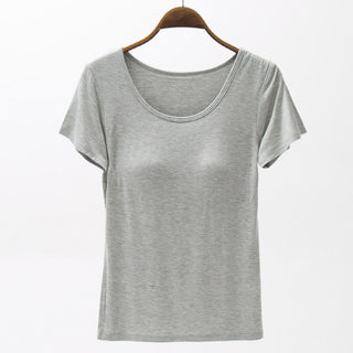 Shop Gray Round Neck Modal T-Shirt with Bra - High-Quality U.S. Made Women’s Fashion with Free & Fast Shipping