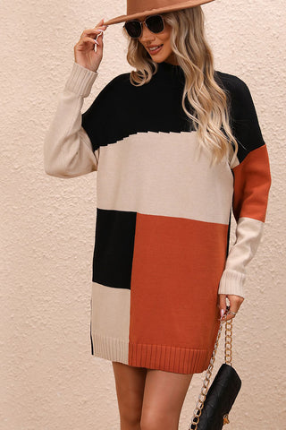 Shop Color Block Mock Neck Dropped Shoulder Sweater Dress - High-Quality U.S. Made Women’s Fashion with Free & Fast Shipping