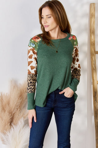 Shop HUNTER GREEN Hailey & Co Full Size Waffle-Knit Leopard Blouse - High-Quality U.S. Made Women’s Fashion with Free & Fast Shipping