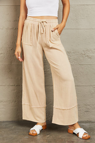 Shop Tan HEYSON Love Me Full Size Mineral Wash Wide Leg Pants - High-Quality U.S. Made Women’s Fashion with Free & Fast Shipping