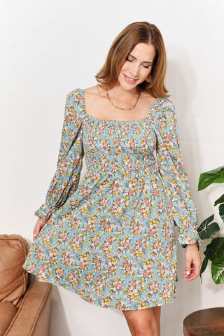 Shop Floral Floral Smocked Flounce Sleeve Square Neck Dress - High-Quality U.S. Made Women’s Fashion with Free & Fast Shipping