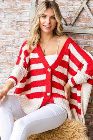 Shop Red First Love Textured Striped Button Down Cardigan - High-Quality U.S. Made Women’s Fashion with Free & Fast Shipping