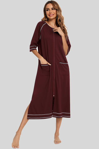 Shop Zip Up Slit Round Neck Night Dress with Pockets - High-Quality U.S. Made Women’s Fashion with Free Fast Shipping