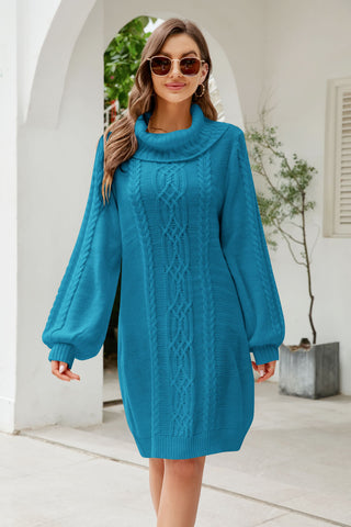 Shop Woven Right Mixed Knit Turtleneck Lantern Sleeve Sweater Dress - High-Quality U.S. Made Women’s Fashion with Free Fast Shipping