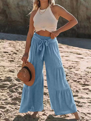 Shop Tied Ruched Wide Leg Pants - High-Quality U.S. Made Women’s Fashion with Free & Fast Shipping