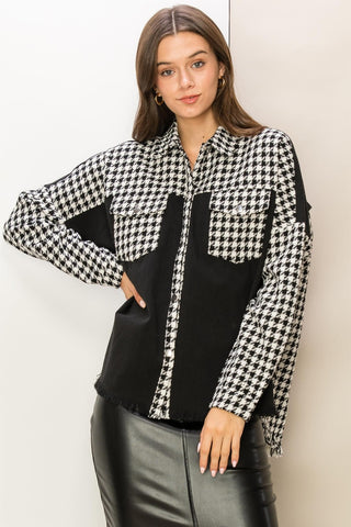 Shop Black HYFVE Houndstooth Contrast Raw Hem Jacket - High-Quality U.S. Made Women’s Fashion with Free & Fast Shipping