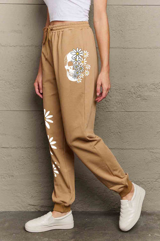 Shop Simply Love Simply Love Full Size Drawstring Flower & Skull Graphic Long Sweatpants - High-Quality U.S. Made Women’s Fashion with Free Fast Shipping