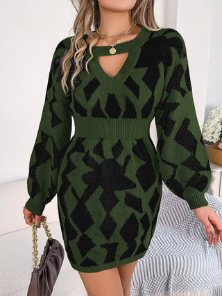 Shop Contrast Round Neck Cutout Long Sleeve Mini Sweater Dress - High-Quality U.S. Made Women’s Fashion with Free & Fast Shipping