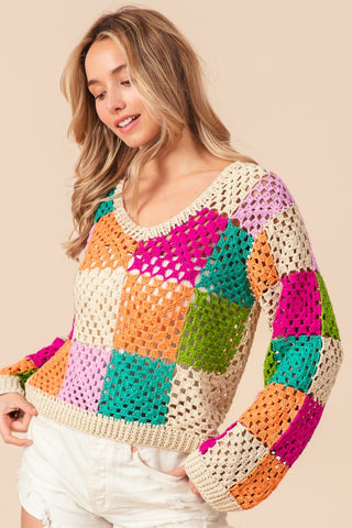 Shop BiBi Multi Color Checkered Long Sleeve Knit Top - High-Quality U.S. Made Women’s Fashion with Free & Fast Shipping