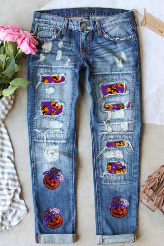 Shop Medium Distressed Sequin Pumpkin Jeans - High-Quality U.S. Made Women’s Fashion with Free & Fast Shipping