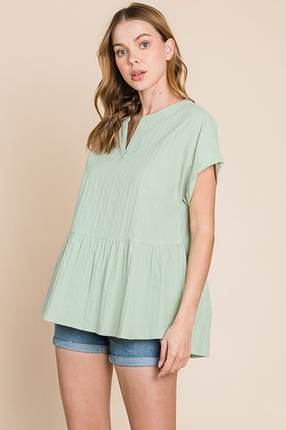 Shop Sage Cotton Bleu by Nu Lab Ruched Notched Short Sleeve Blouse - High-Quality U.S. Made Women’s Fashion with Free & Fast Shipping