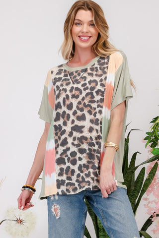 Shop Sage Celeste Full Size Leopard Color Block T-Shirt - High-Quality U.S. Made Women’s Fashion with Free & Fast Shipping