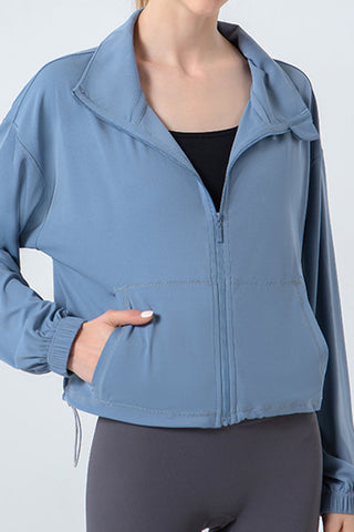 Shop Light Blue Drawstring Zip Up Dropped Shoulder Active Outerwear - High-Quality U.S. Made Women’s Fashion with Free & Fast Shipping