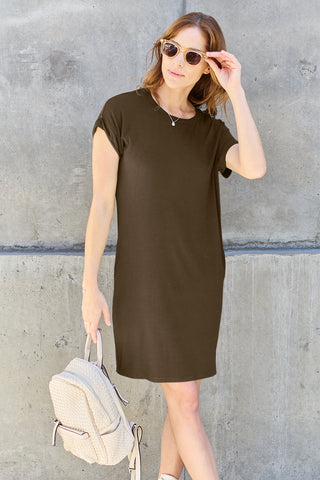 Shop Mocha Basic Bae Full Size Round Neck Short Sleeve Dress with Pockets - High-Quality U.S. Made Women’s Fashion with Free & Fast Shipping