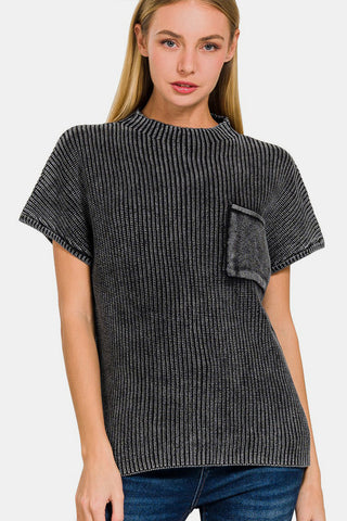 Shop BLACK Zenana Pocketed Mock Neck Short Sleeve Sweater - High-Quality U.S. Made Women’s Fashion with Free & Fast Shipping