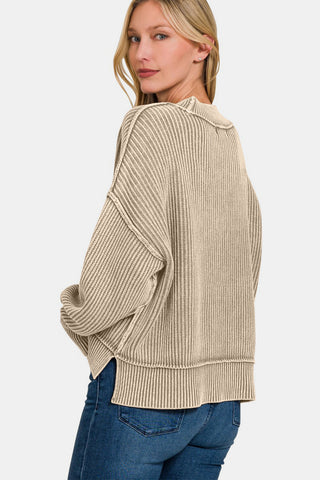 Shop Zenana Exposed Seam Round Neck Dropped Shoulder Sweater - High-Quality U.S. Made Women’s Fashion with Free & Fast Shipping