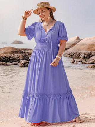 Shop Plus Size Lace Detail Tie Neck Short Sleeve Maxi Dress - High-Quality U.S. Made Women’s Fashion with Free Fast Shipping