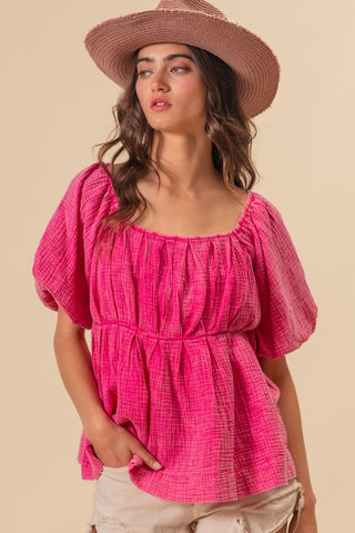 Shop Fuchsia BiBi Pleated Puff Sleeve Washed Blouse - High-Quality U.S. Made Women’s Fashion with Free & Fast Shipping