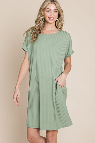 Shop Sage BOMBOM Ribbed Round Neck Short Sleeve Dress - High-Quality U.S. Made Women’s Fashion with Free & Fast Shipping