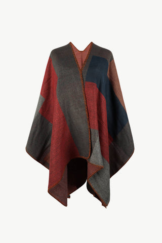 Shop Wine One Size Color Block Open Front Poncho - High-Quality U.S. Made Women’s Fashion with Free & Fast Shipping