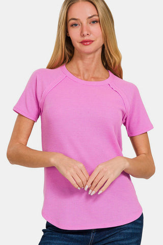 Shop BRIGHT MAUVE Zenana Round Neck Short Sleeve Waffle T-Shirt - High-Quality U.S. Made Women’s Fashion with Free & Fast Shipping