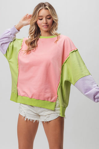 Shop Pink Lime Lavender BiBi Washed Color Block Sweatshirt - High-Quality U.S. Made Women’s Fashion with Free & Fast Shipping