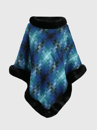 Shop Peacock Blue One Size Faux Fur Trim Poncho - High-Quality U.S. Made Women’s Fashion with Free & Fast Shipping