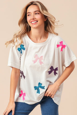 Shop Off White BiBi Sequin Bow Patch Short Sleeve T-Shirt - High-Quality U.S. Made Women’s Fashion with Free & Fast Shipping