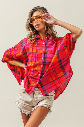 Shop BiBi Button Up Dolman Sleeve Plaid Shirt - High-Quality U.S. Made Women’s Fashion with Free & Fast Shipping