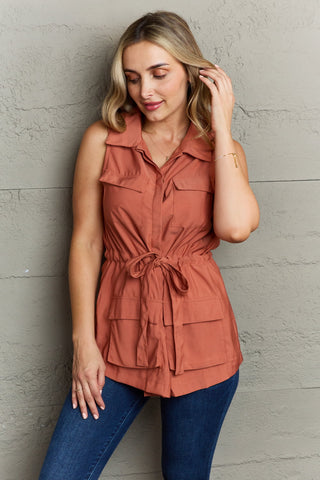 Shop Ninexis Follow The Light Sleeveless Collared Button Down Top - High-Quality U.S. Made Women’s Fashion with Free Fast Shipping