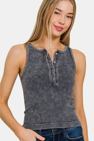 Shop Zenana Washed Ribbed Half Snap Seamless Tank - High-Quality U.S. Made Women’s Fashion with Free & Fast Shipping