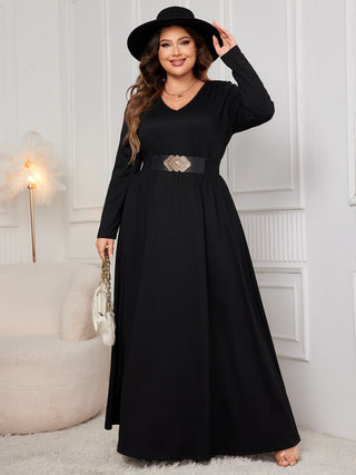 Shop Honey Plus Size Cutout V-Neck Long Sleeve Maxi Dress - High-Quality U.S. Made Women’s Fashion with Free Fast Shipping