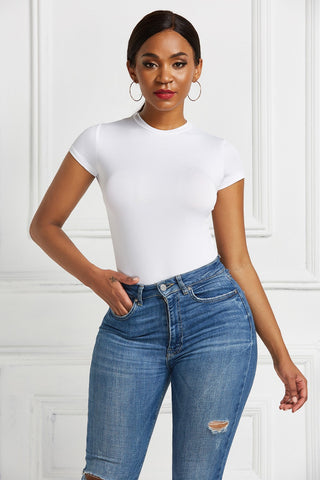 Shop White Round Neck Short Sleeve Bodysuit - High-Quality U.S. Made Women’s Fashion with Free & Fast Shipping