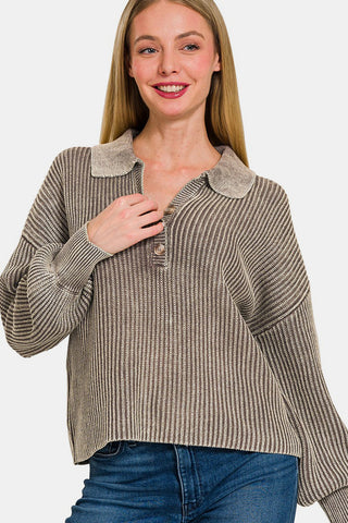 Shop Mocha Zenana Washed Half Button Long Sleeve Sweater - High-Quality U.S. Made Women’s Fashion with Free & Fast Shipping