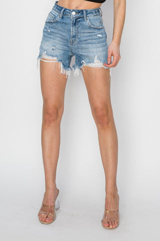 Shop RISEN High Rise Frayed Hem Denim Shorts - High-Quality U.S. Made Women’s Fashion with Free & Fast Shipping